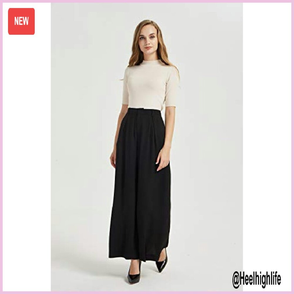 High Waist Wide Leg Palazzo Pants, Flowy Fabric, Zip Closure, Side Pockets - Picture 3 of 8
